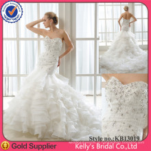 2014 Global Hot Sale Heavily Beaded Satin Bodice Ruched &amp; Layered Organza Fishtail New Style Wedding Dresses